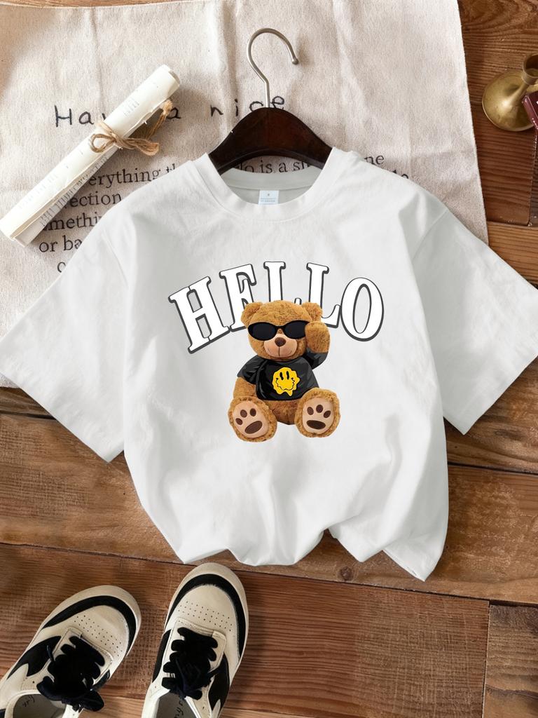 Cute Bear Says Hello Printed TShirts Women Casual Soft Short Sleeve Tops Loose ONeck T Shirts Summer Comfortable Woman Clothes