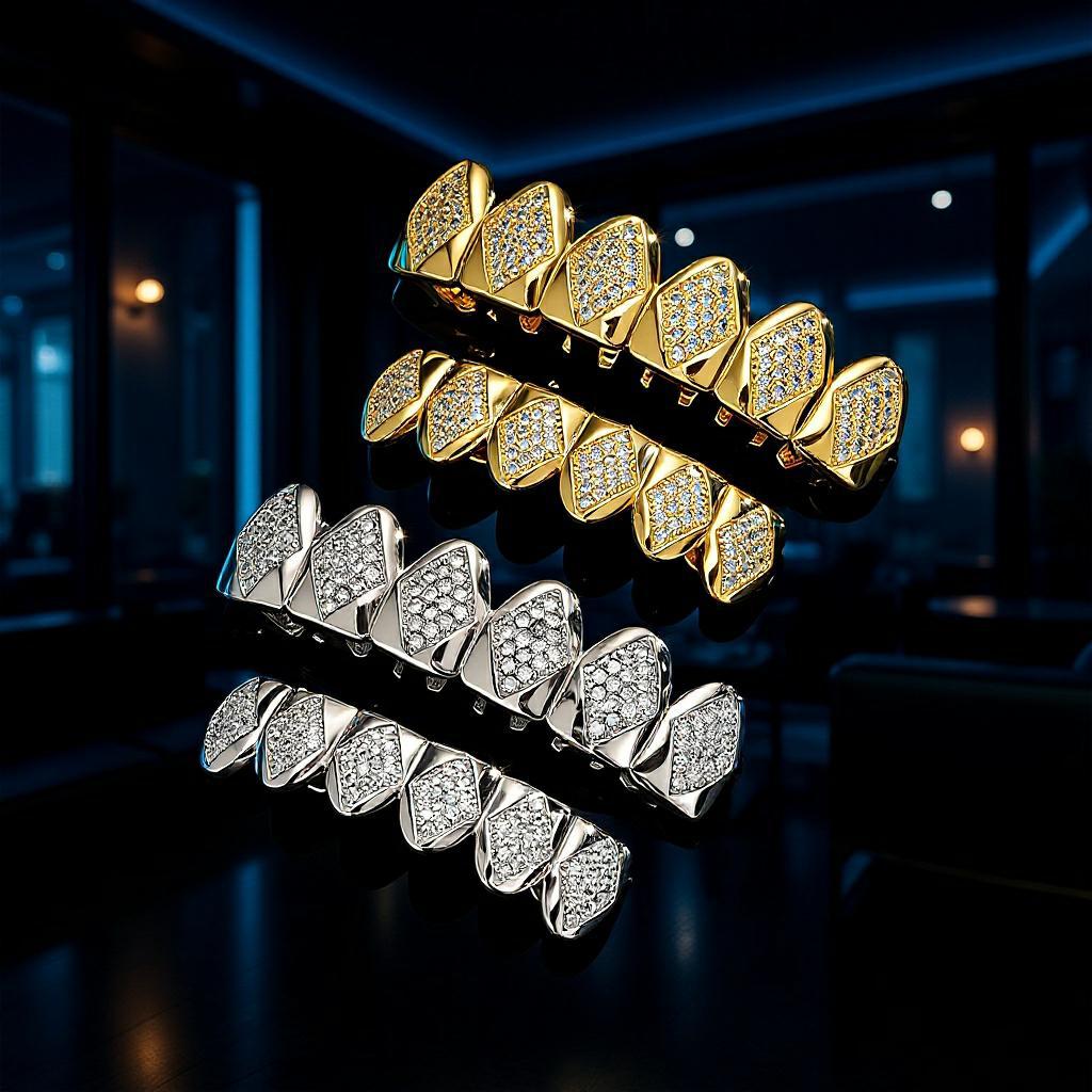 Hot-selling 18K Gold-plated Tungsten Hip-hop Grillz Cross-border Trade Europe America Unisex Antique-style Rhombus-shaped Zircon