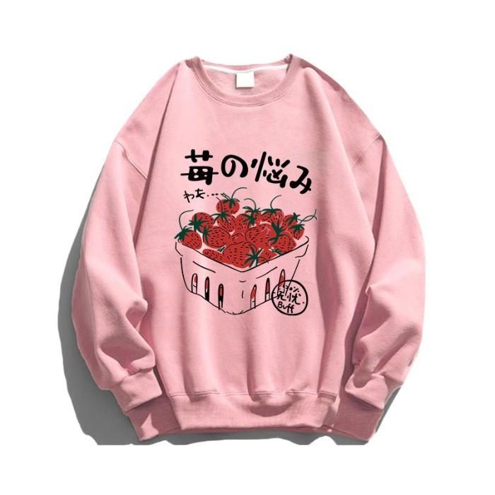Guochaofeng strawberry Chinese character printing crew neck sweater women's velvet new couple pullover men's and women's same style