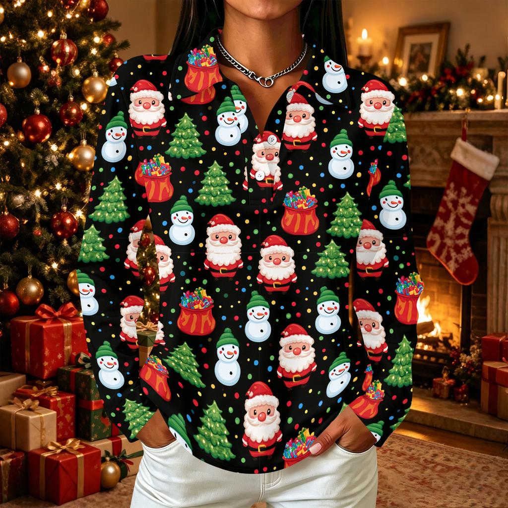 Women's Casual Christmas Print Long Sleeve Button Front Top with Lapel Collar and Side Slits