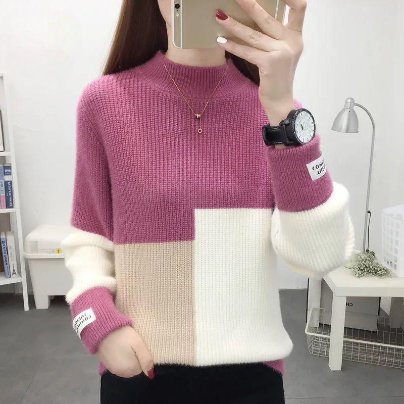 Women's Mink Fleece Sweater Autumn and Winter Half-turtleneck Knitwear Color-blocked Half-turtleneck Pullover Sweater