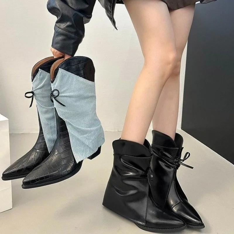 Mode Herbst/Winter 2025 Neue Nische Western Denim Stiefeletten Feminin Spitz Zehen Schleife Ärmel Blockabsatz Stiefel