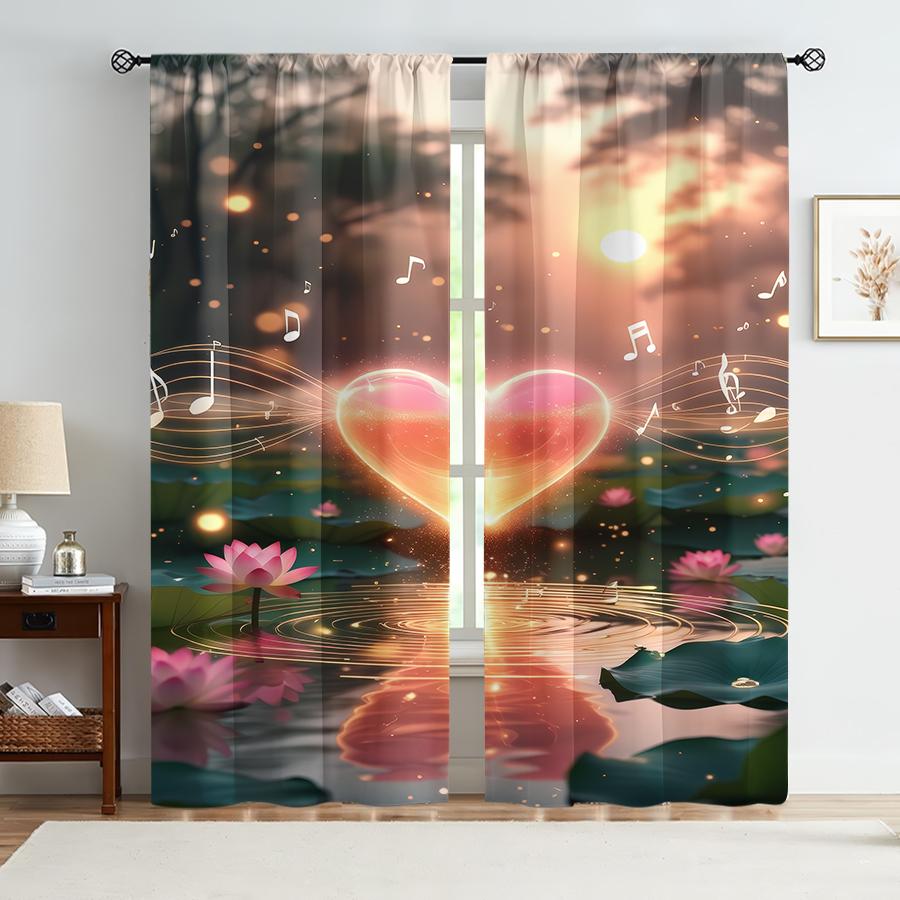 2PCS Lotus Pond Heart Rhyme Music Symbol Curtains   Sweet Wind   Bedroom and Living Room   Drawbar Pocket Decorative Curtains