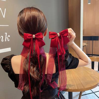 Sweet Large Bowknot Hair Clip For Women Girls Lolita Long Ribbon Solid Hairpin Cute Ponytail Hair Bands  Hair Accessories