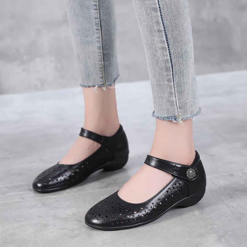 Fashion GKTINOO Genuine Leather Ladies Flat Summer Shoes Woman Slip On Casual Loafers Hollow Out Round Toe Soft Comfort Sandals Female