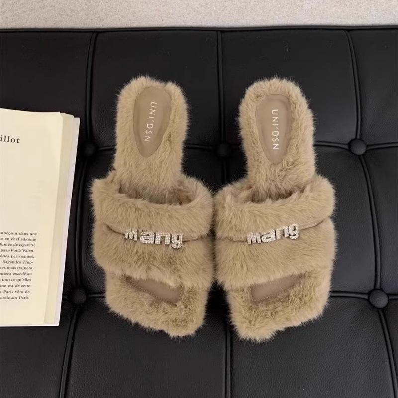 Thick heel fluffy slippers women's outer wear 2025 new spring and autumn high-end temperament gentle fairy style high heels cotton drag