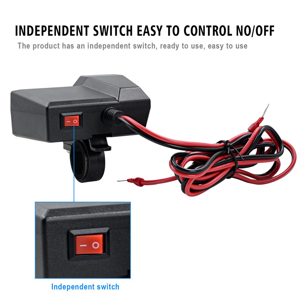 12V 2.1A Motorrad Doppel-USB-Handyladegerät mit Ein-Aus-Schalter & LED-Voltmeter & Zigarettenanzünder, Motorradlenkerklemme, Wasserdicht