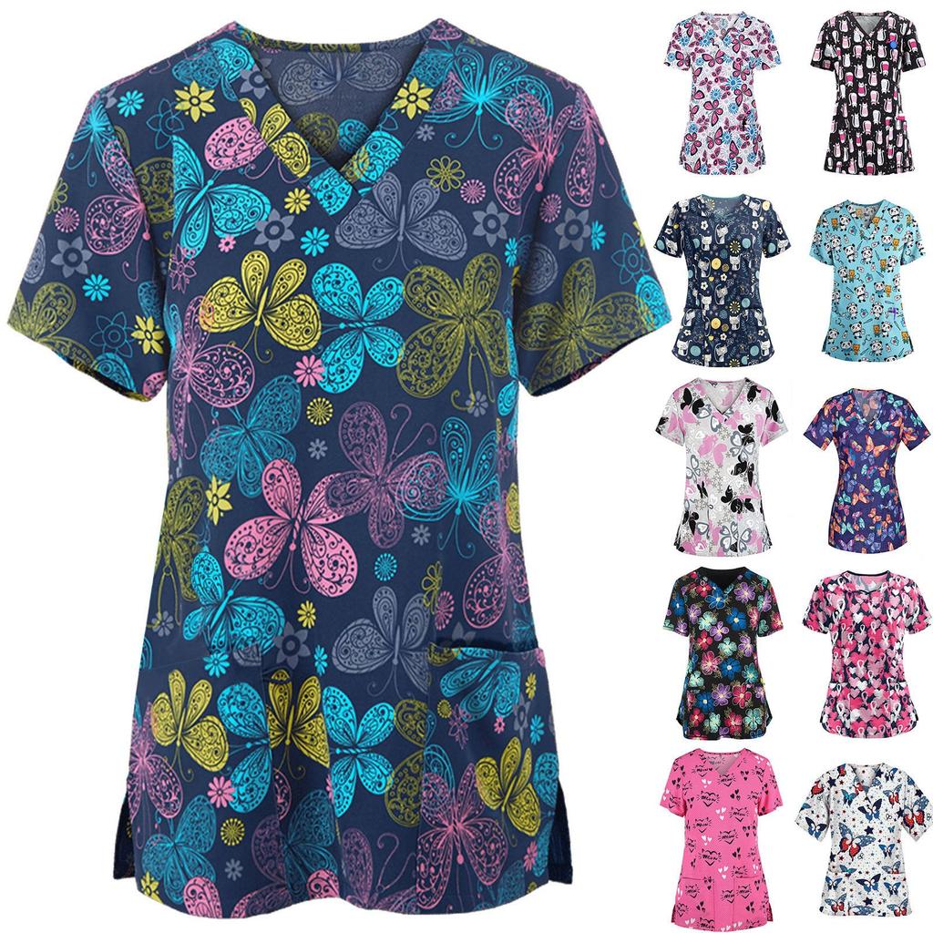 Women Printed Short Sleeve Nurse Scrub Top V Neck Medical Uniform Shirt with Pockets Comfortable Fit Workwear for Healthcare Professionals
