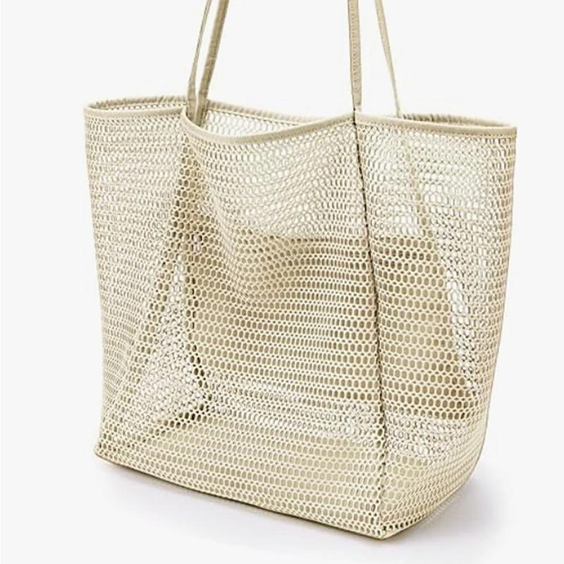 Mesh Beach Tote Bag Large Capacity Women Shoulder Bag Anti-Sand Net Shopping Bag with Zipper Pocket Lightweight Summer Travel Handbag