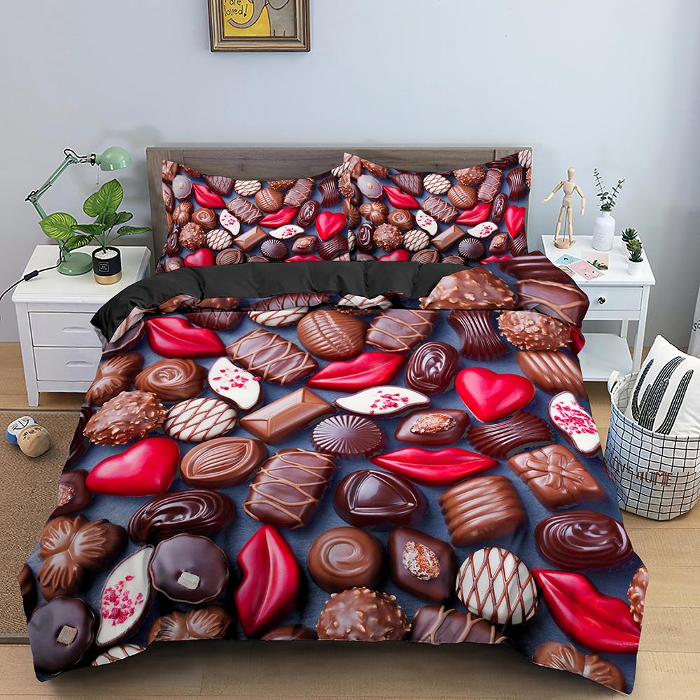 French Macaron Chocolate Print Bedding Set Colorful Duvet Cover 3D Print Comforter Cover Dessert Food Girls Bed Linen 3pcs Queen