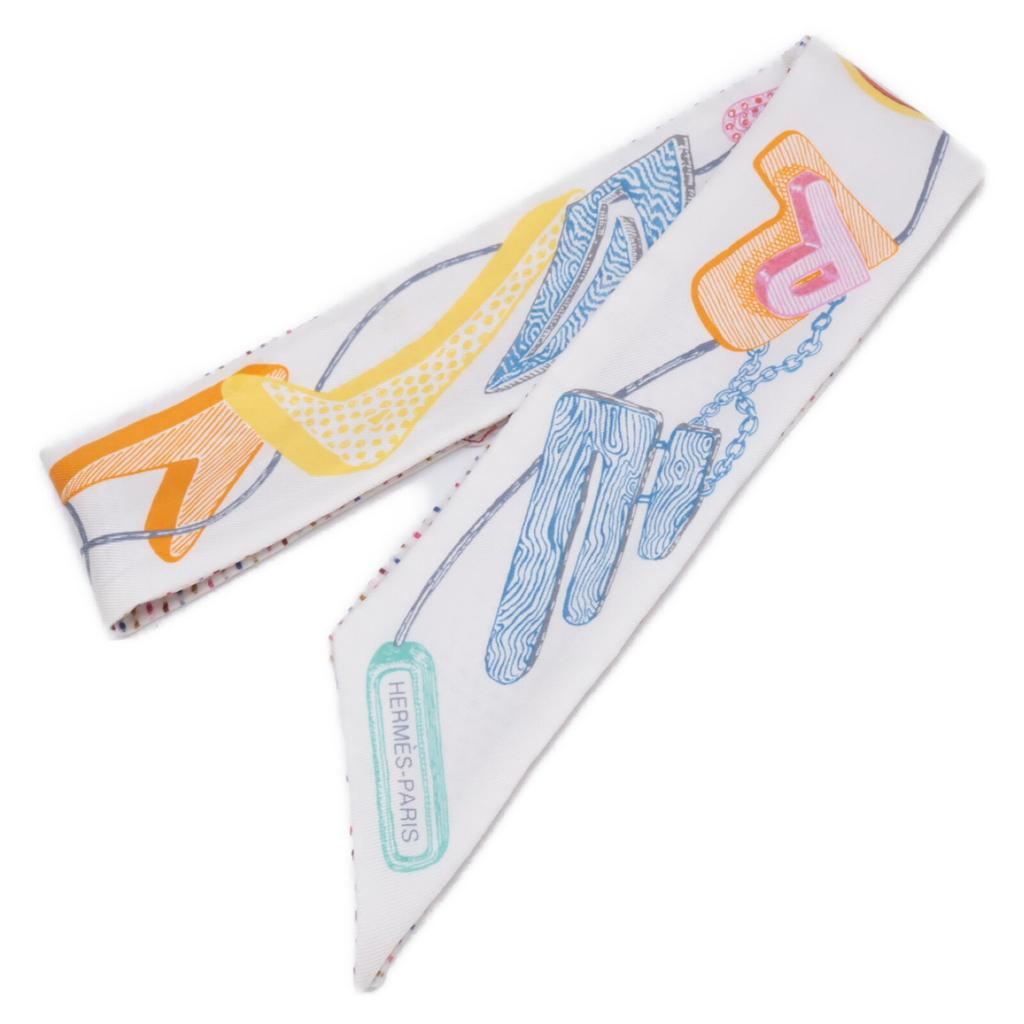 Hermes Twilly Chevaloscope Embroidery Scarf whiteUsed