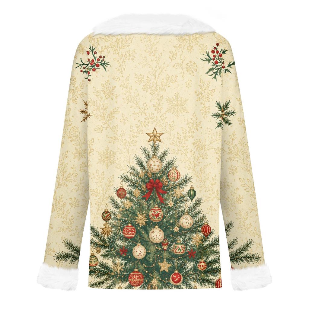 Women's Casual Christmas Print Long Sleeve Top with Plush Collar for Winter