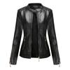 Women's Navy Blue Stand Collar PU Leather Jacket - Lightweight Spring/Autumn Fashion Coat