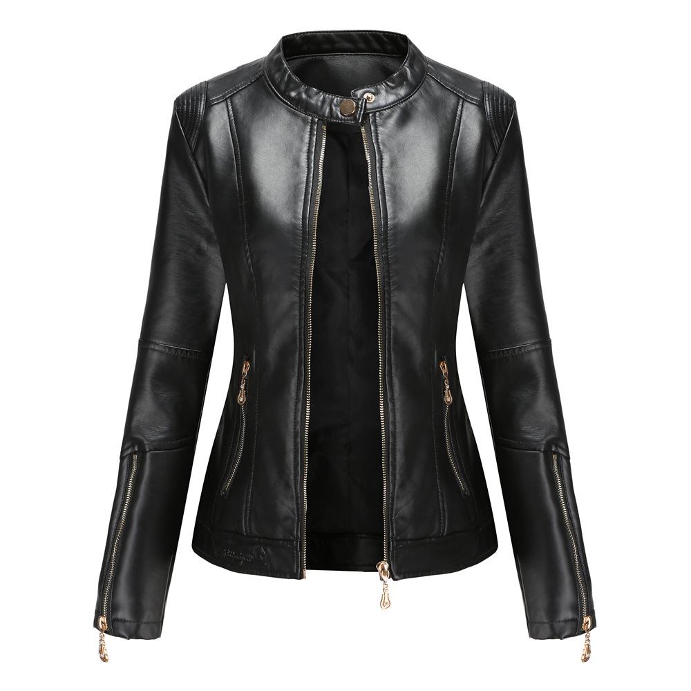 Women's Navy Blue Stand Collar PU Leather Jacket - Lightweight Spring/Autumn Fashion Coat
