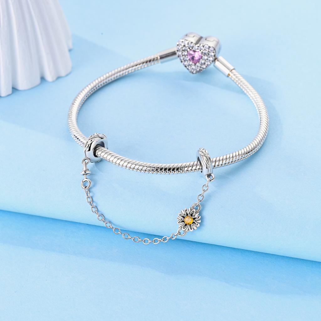 Safety Chain Clasp Clip Charm Silve Heart Bow Sunflower Safety Chain Suitable For Authentic Bracelet Style Bangle Jewelry Creation Present Choice