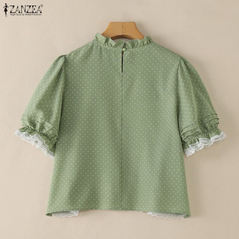ZANZEA Women Casual Round Neck Polka Dot Print Short Sleeve Blouse