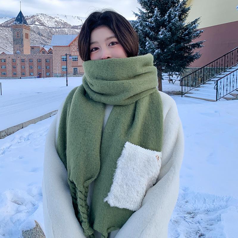 Fixed Dyeing Haze Blue~ Premium Hair Sensing Pocket Scarf Women's Winter Wool Shawl Thickened Plush Scarf