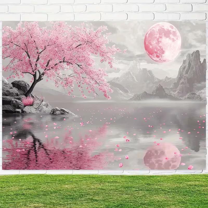 Sfondo 2D Montagna Grigia Fiore di Ciliegio, Sfondo Fotografico Petali di Luna Rosa