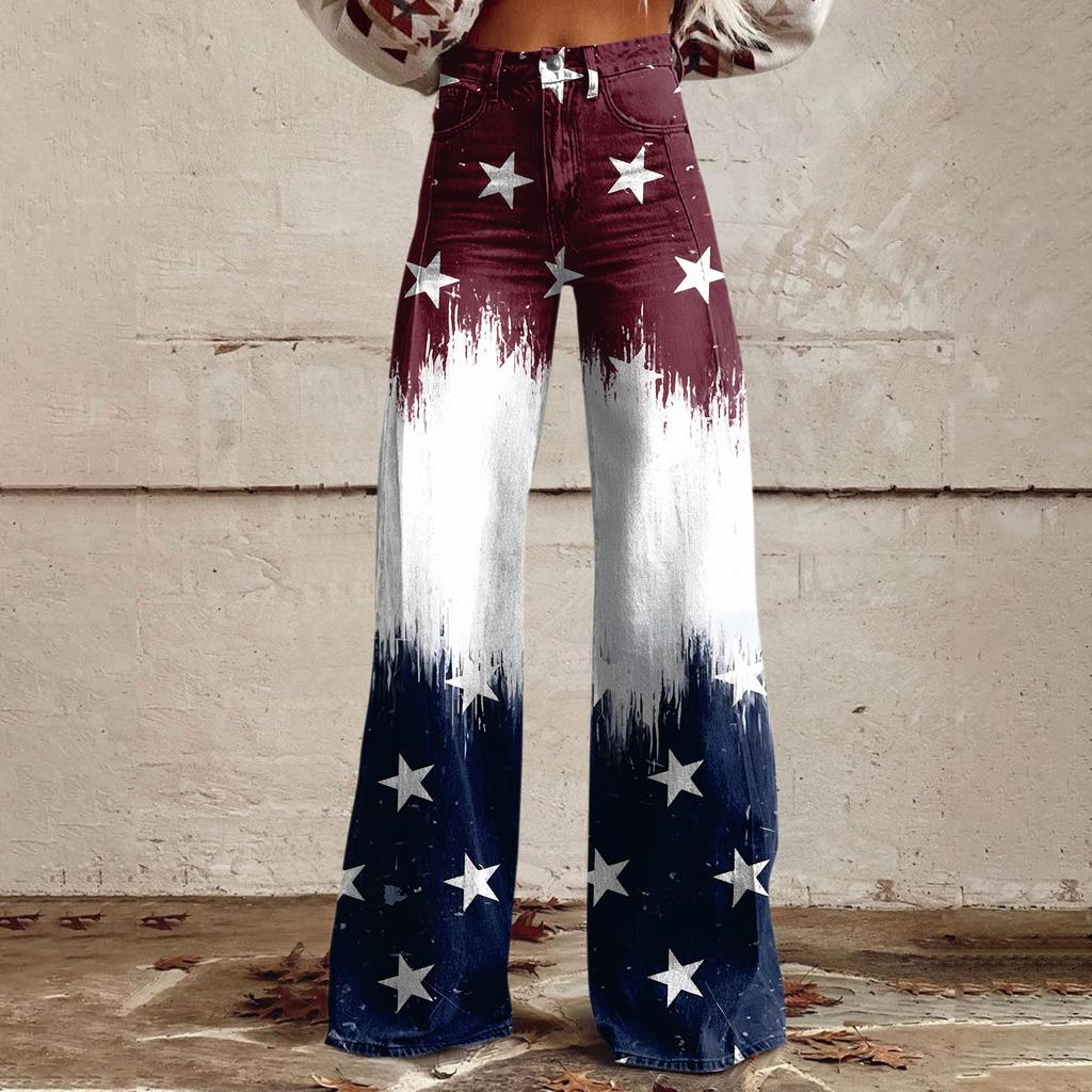 Wide Leg Flare Jeans For Women With Pockets Baggy Pants Vintage Floral Print High Waisted Loose Pant