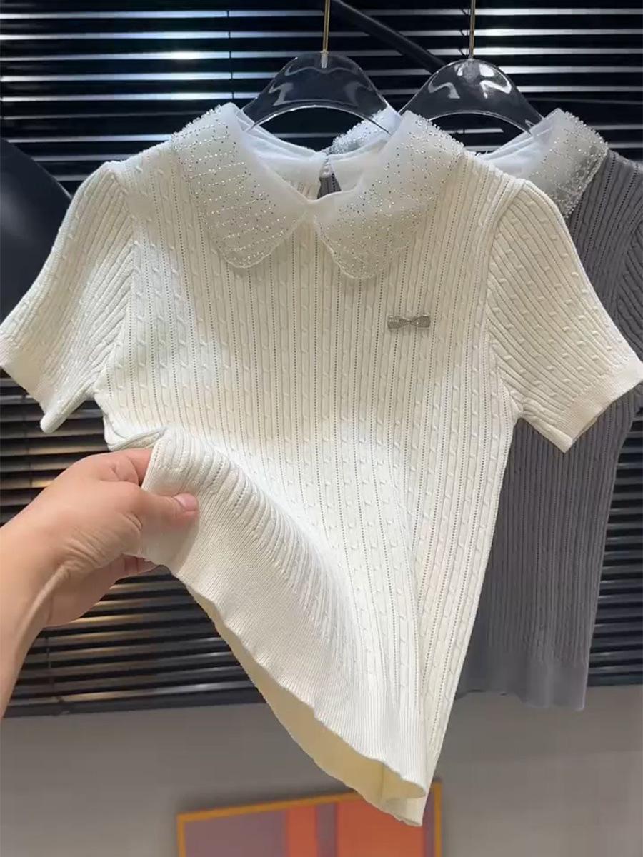 

Женский кружевной трикотажный топ с короткими рукавами и кукольным воротником, отделанный бисером L абрикосовый