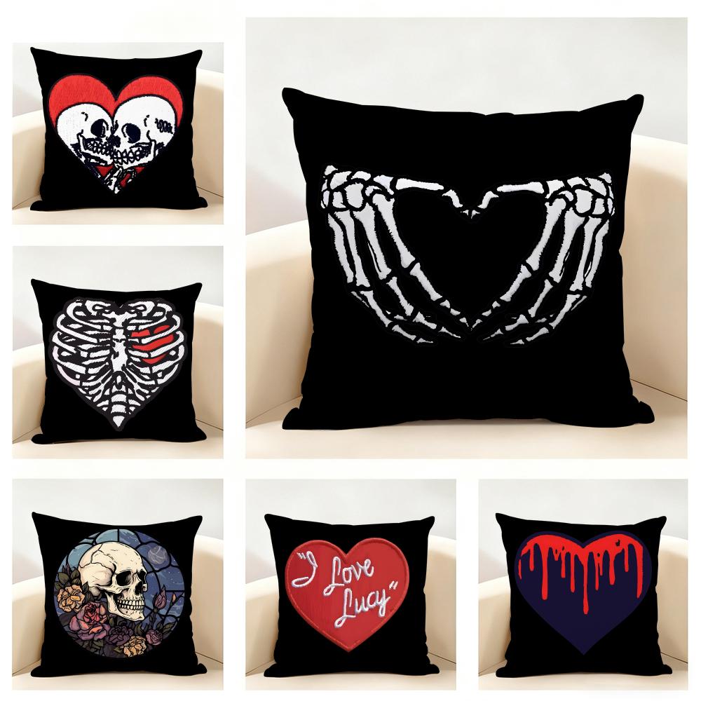 Cool Skull Heart Cushion Cover Linen Pillowcase Soft for Sofa Bed Home Room Decor