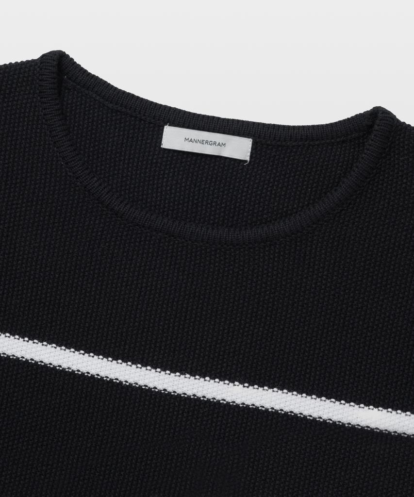 MANNERGRAM Striped Boat Neck 100% Cotton Short Sleeve Knit Black