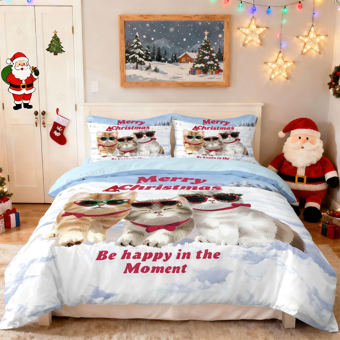

3pcs Christmas cartoon cat printed coreless bedding set, soft dormitory bedroom, multiple sizes, machine washable 135x200cm-EU-Single&set