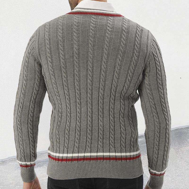 Men's Slim-Fit V-Neck Color-Block Pullover Knitted Sweater - Autumn/Winter Street Style