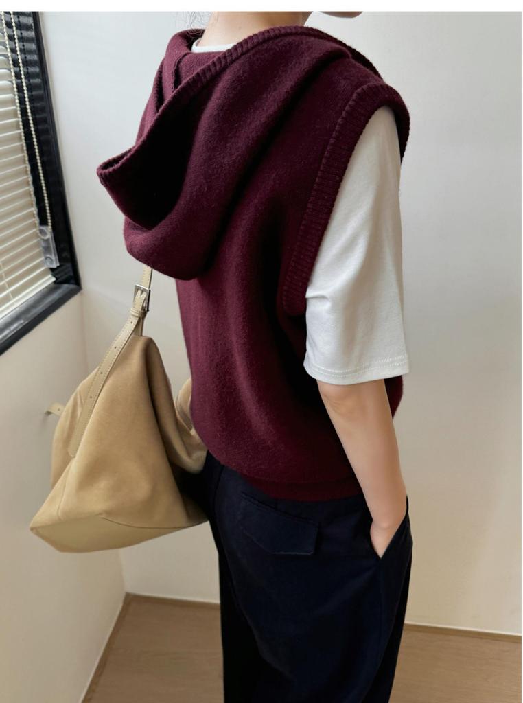 Women's European Style Wool Hooded Zip Vest - Loose Sleeveless Knit Cashmere Cape