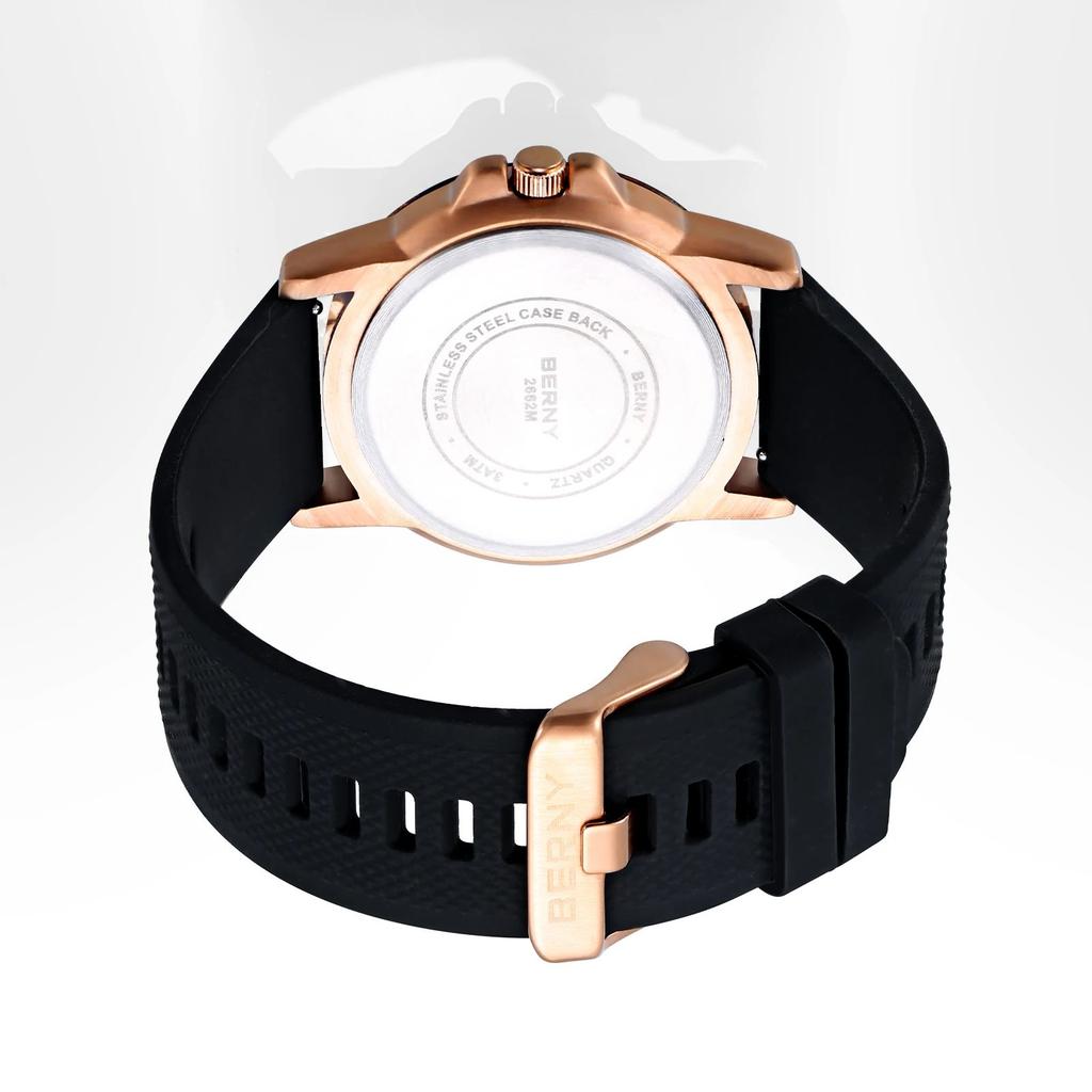 BERNY Watches for Men Luminous Casual Sport Quartz Men's Watch Waterproof Wristwatch Soft silicone Strap Brass Case Easy Read
