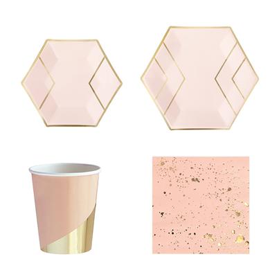 Pink Angle Brackets Paper Cups Plates Napkins With Bronzing Disposable Paper Tableware For Party Cake Plate Cups Wedding Birthday Banquet Picnic Decor
