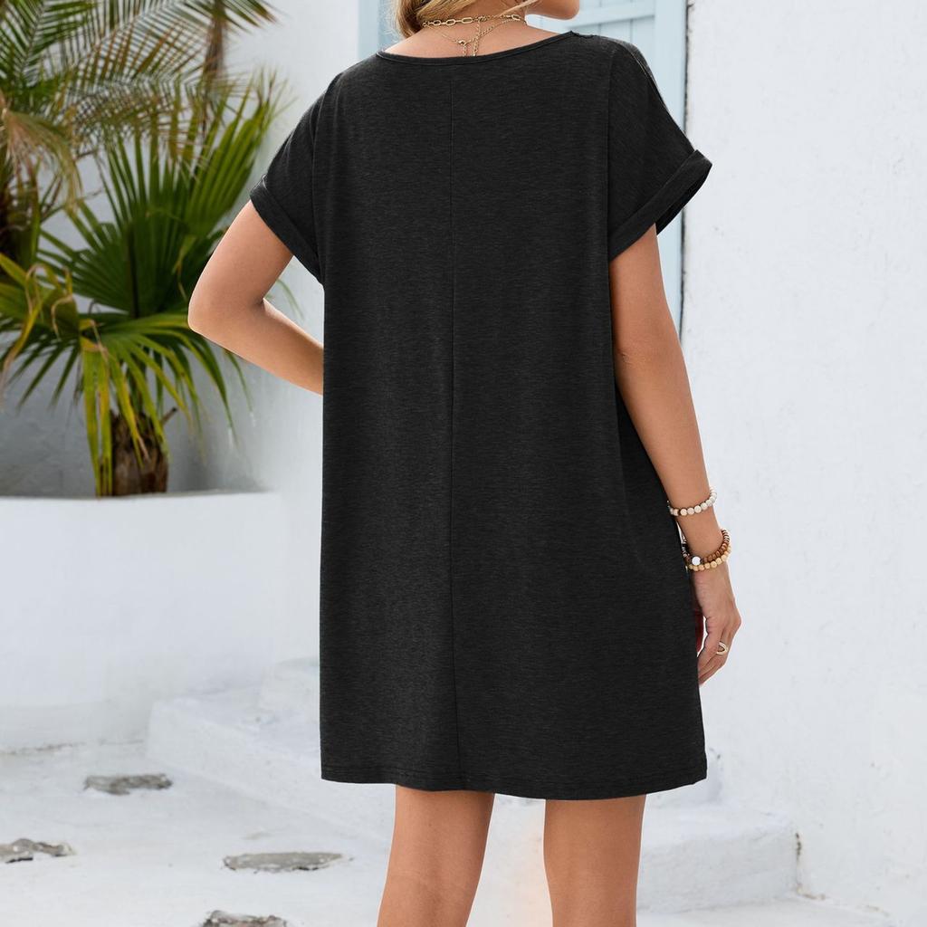 Women Casual V Neck Short Sleeve Dress with Lace Trim Raglan Sleeves and Pockets Loose Fit Tunic Dress for Daily Wear