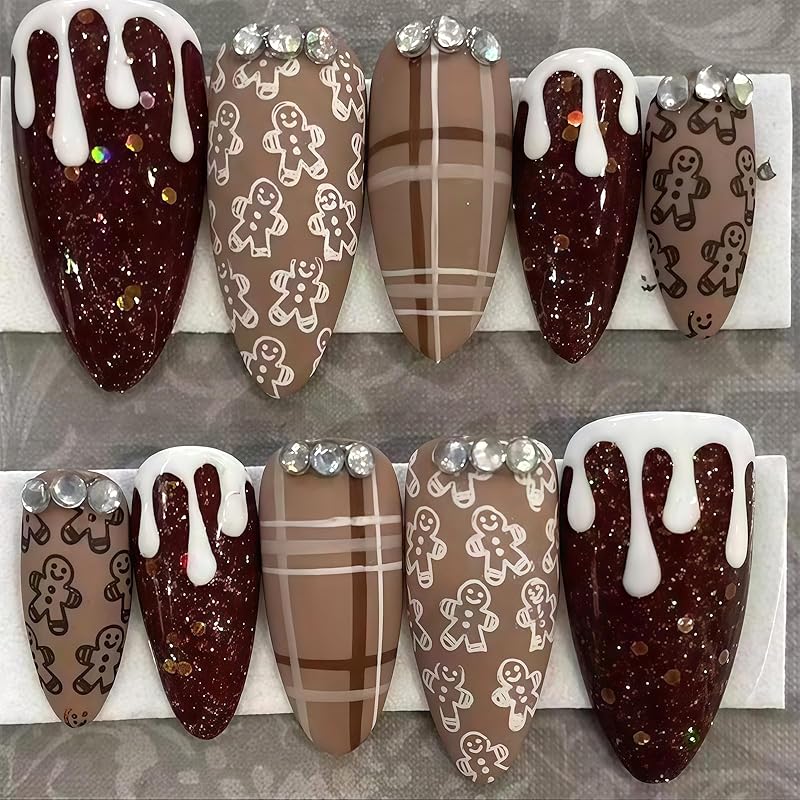 Pink French Tip Press on Nails Medium Almond Fake Nails with 3D Flower Designs Glossy Acrylic False Nails Golden Bead Artificial Glue on Nail
