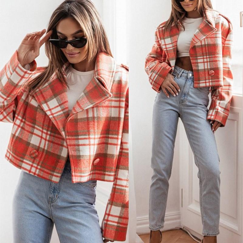 Dámská bunda, kabát, nový podzimní a zimní módní britský oblekový límec s kostkovaným potiskem, vlněné malé kabáty s dlouhým rukávem, dámské oblečení