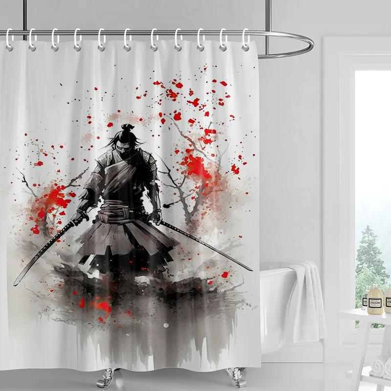 Japanese-style Gogi Retro Character Printed Shower Curtain Fading-resistant Bathroom Partition Curtain for Hotel Home Decoration