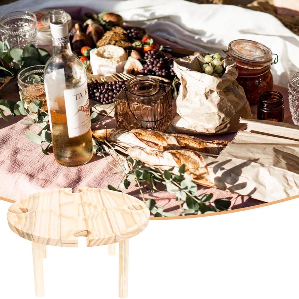 In-Stock Pine Wood Folding Table: Outdoor Camping, Picnic, Portable Snack & Dining Table with Red Wine Glass Storage