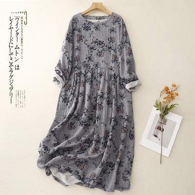 2025 Spring and Autumn New Printed Cotton and Linen Dress Women's Loose Idyllic Round Neck Long Sleeve Floral Long Skirt