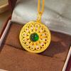 Sand Gold Sunflower Pendant with Rhinestones & Green Stone - Versatile Retro Clavicle Chain