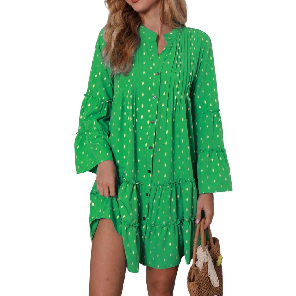 Kadın Elbiseleri Damgalı Kabartmalı Pileli Alevli Kol Bol Uzun Kollu Elbiseler