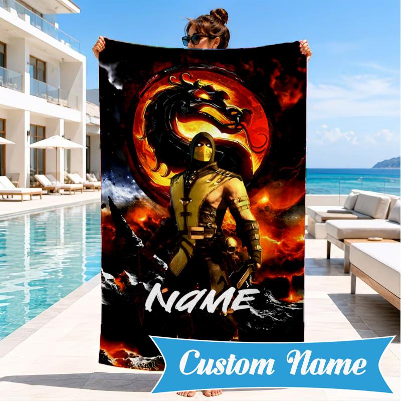 Custom Name Dragon's Fiery Kombat Beach Towel Microfiber Beach Towel, Lightweight and Quick-Dry, for Summer Travel, Swimming Pool Gift