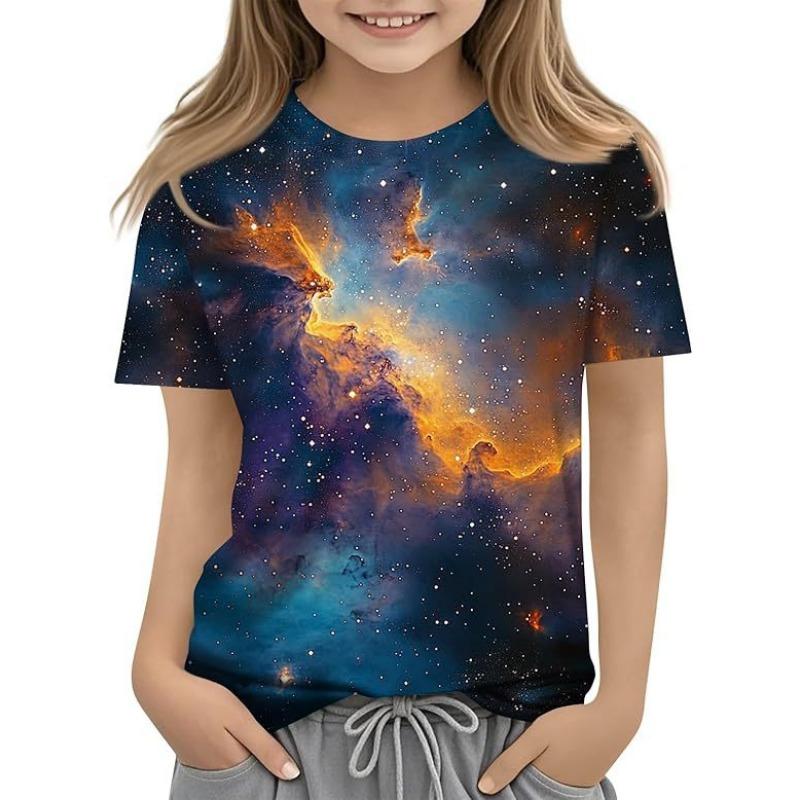 Girls T Shirts Summer Casual Starry Sky 3D Printed Short Sleeved Round Neck Children's T-shirt