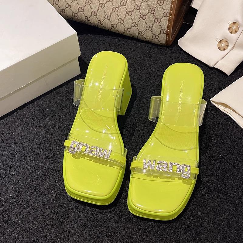 Thick-soled High-heeled Slippers for Women's Summer Outer Wear New Year's Transparent One-word with Rhinestone Thick Heel Premium Cool Slippers