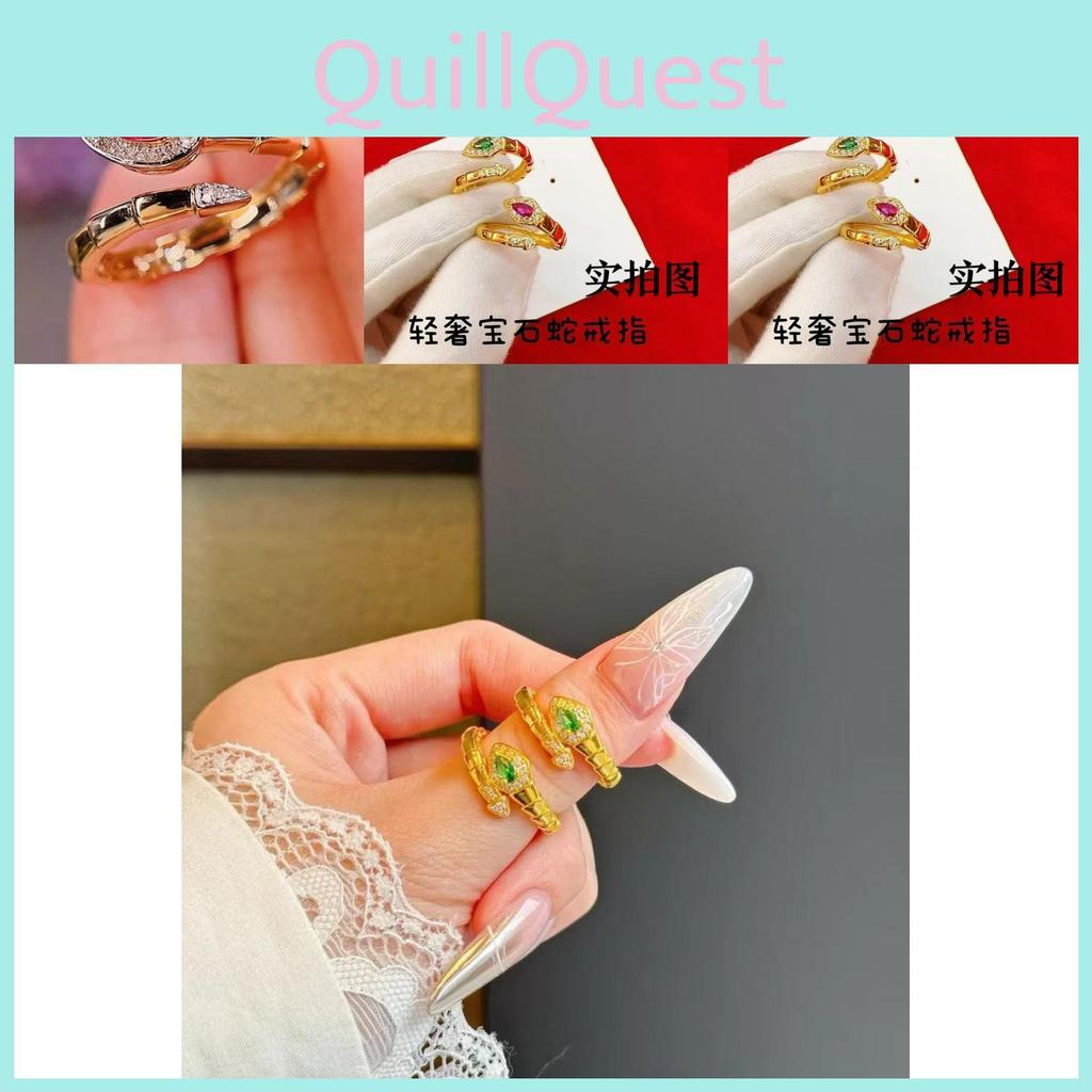 Unique Copper Adjustable Gold Plated Snake Ring For Women Featuring Elegant Red And Green Accents Gemstone