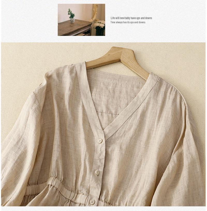 2025 Spring/Summer Women's V-neck Waist-Cinching Cotton Linen Top - Loose, Slimming, Versatile, Five-Sleeve Shirt