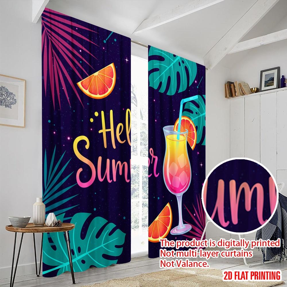 2pcs 2D Flat Printing Curtain Hello Summer Tropical Drink Polyester Without Electricity Festive Wall Decor Use for Classroom