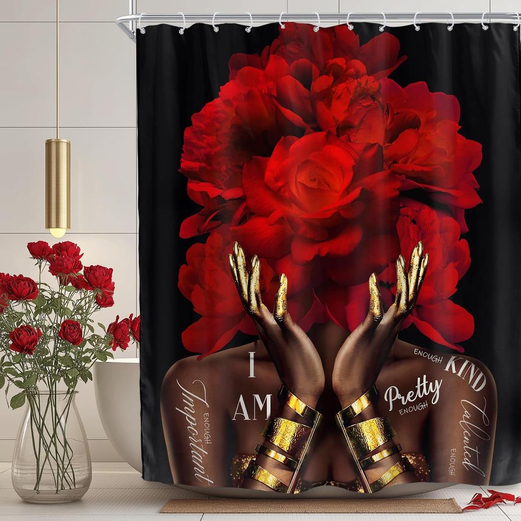 African American Shower Curtain, Black Gold Peony Floral, Modern Girly Quotes, Waterproof Polyester with Hooks