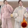 Fleece Tlustý Teplý Dámský Pyžamový Set Zimní Oblečení na Spaní Ležérní Zip Korálová Flanelová Bunda a Kalhoty Pyžamový Set Dámský Domácí Oblek