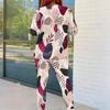 Women Plus Size Two Piece Set Round Neck Long Sleeve Printed Top And Fitted Pants