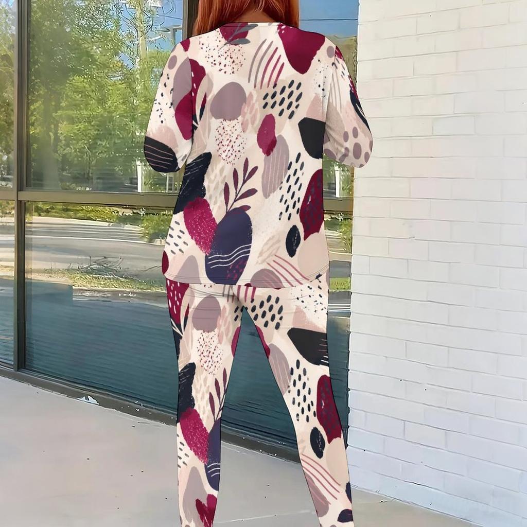 Women Plus Size Two Piece Set Round Neck Long Sleeve Printed Top And Fitted Pants