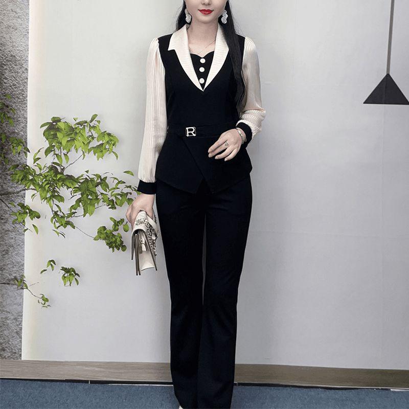 

Стильный весенний облегающий комплект-двойка 2025: Топ с длинным рукавом и вставками и повседневные брюки XL (115-125 jin)